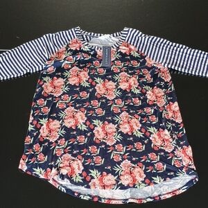 DownEast Navy Floral and Striped Long Sleeve Tee